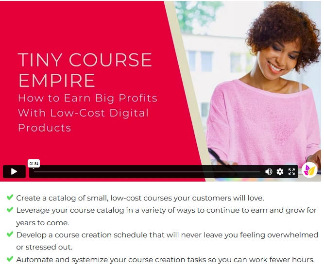 Screenshot of the Tiny Course Empire course video title screen with subtitle, "How to Earn Big Profits With Low-Cost Digital Products."