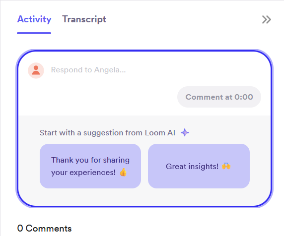 Screenshot of the comment feature showing possible comments that could be left on a video such as, "Great insights!" or "thank you for sharing your experiences!"