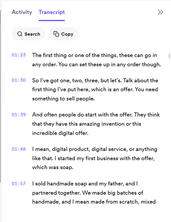 Screenshot of the transcript feature showing comments, timestamps, search, and copy features