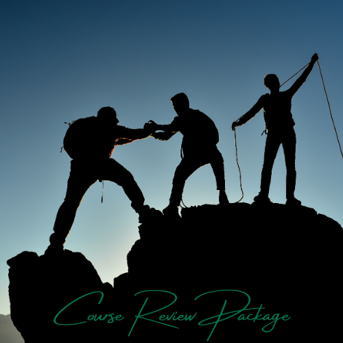 Three people summiting a mountain peak with the words Course Review Package written across it.