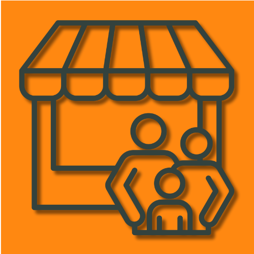 Simple line graphic of a family in front of a store front with awning. Orange background.