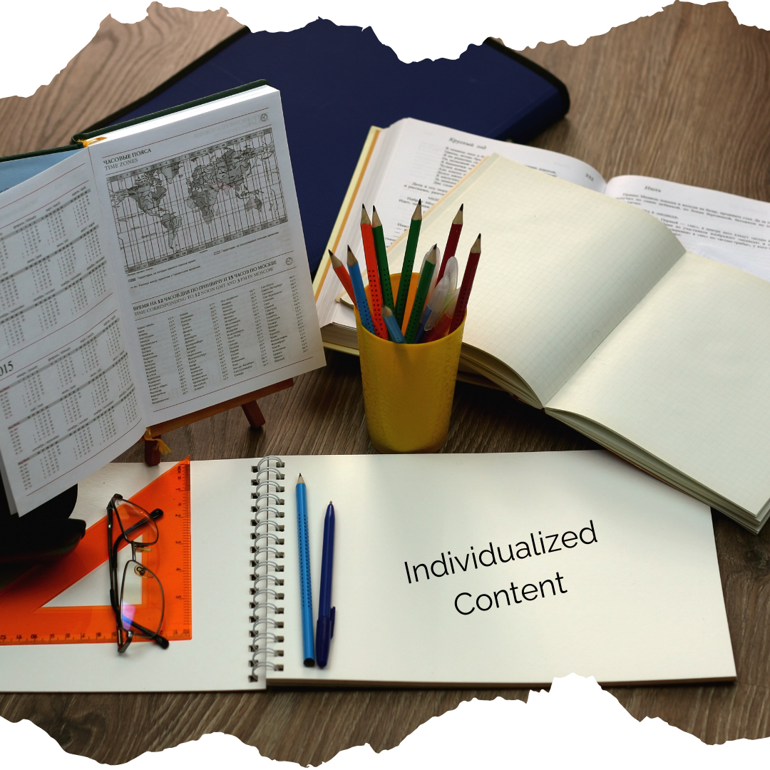 Open book and school materials with the words "Individualized Content"