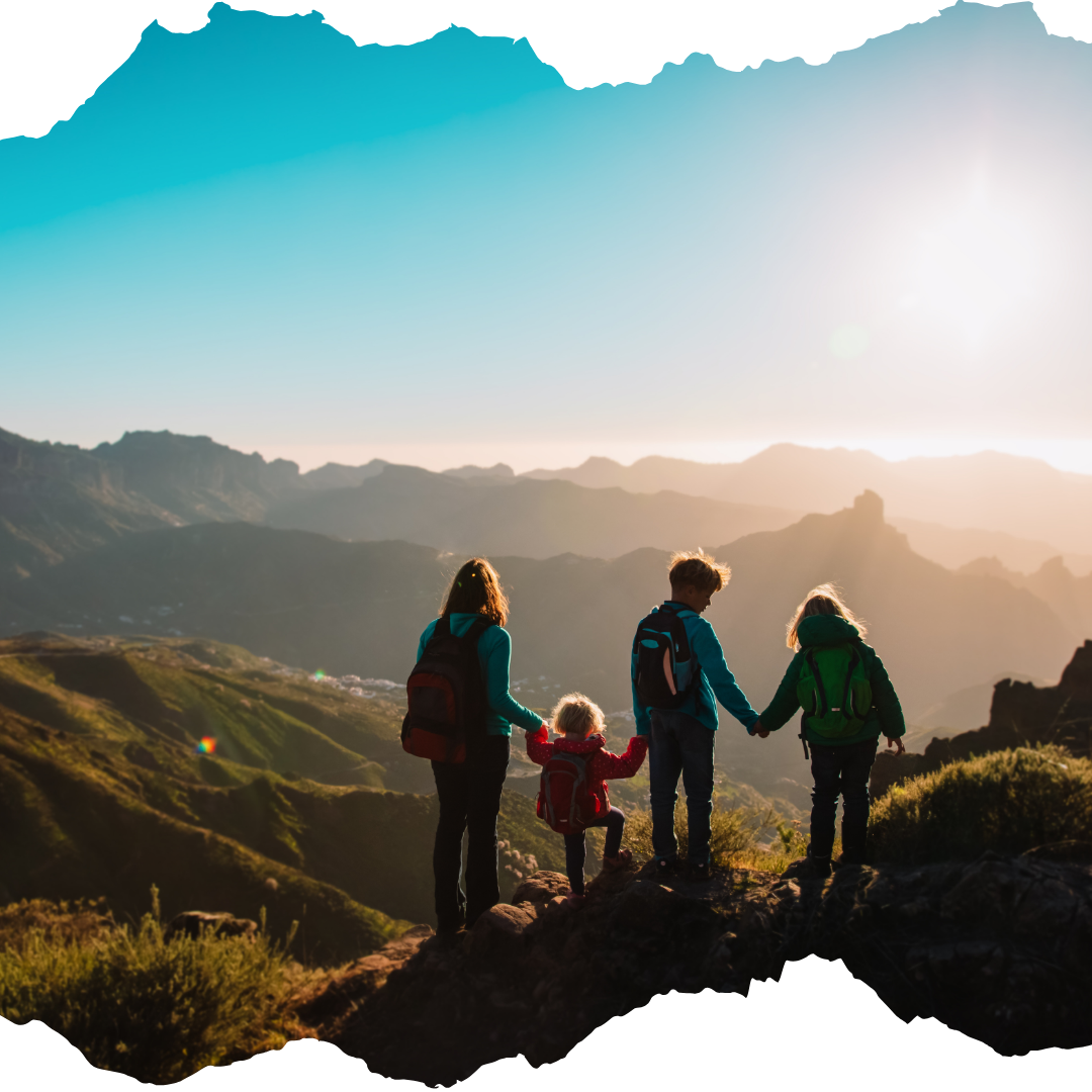 4 children hiking in the mountains