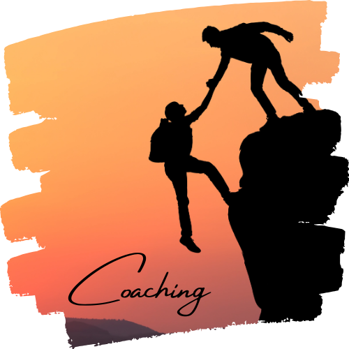 A silhouette of a hiker reaching down to another hiker to help them up to the summit with the word "Coaching."