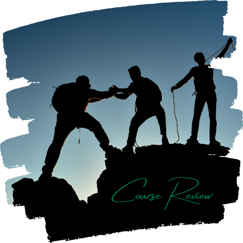 A silhouette of a hiker reaching down to another hiker to help them up to the summit with the words Course Review