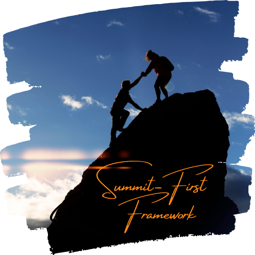 A silhouette of a hiker reaching down to another hiker to help them up to the summit with the words "Summit-First Framework"