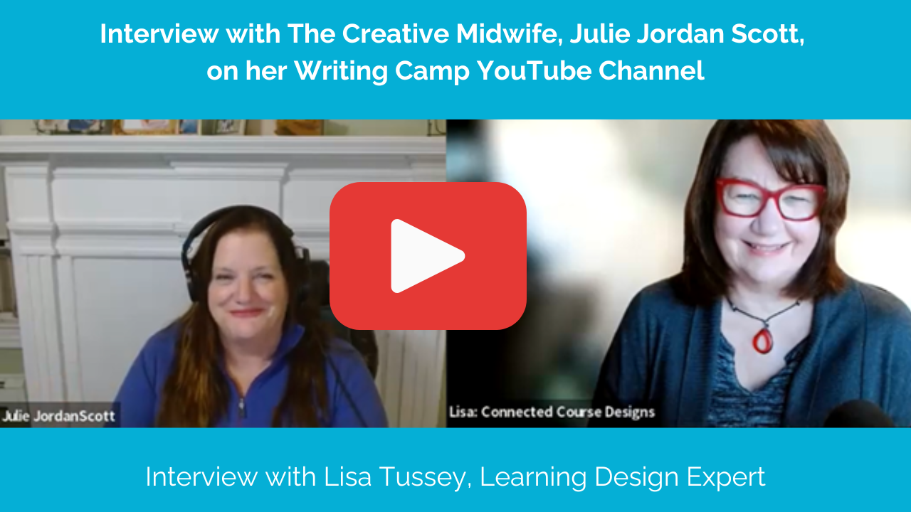 YouTube Thumbnail of Julie and Lisa with the words: Interview with The Creative Midwife, Julie Jordan Scott, on her Writing Camp YouTuber Channel, and Interview with Lisa Tussey Yoder, Creative and Learning Design Expert.