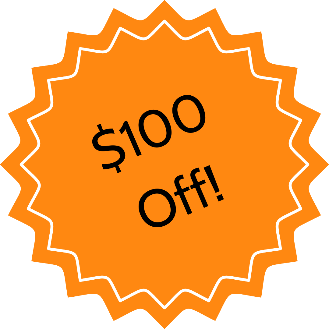 $100 Off orange sticker